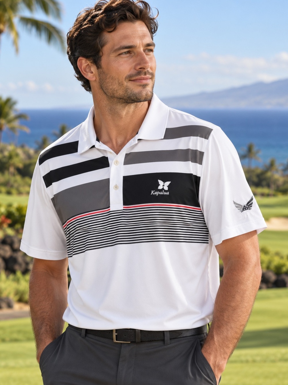 Puma Volition America Kapalua Golf Polo Men’s XL White Black Gray Striped VGUC